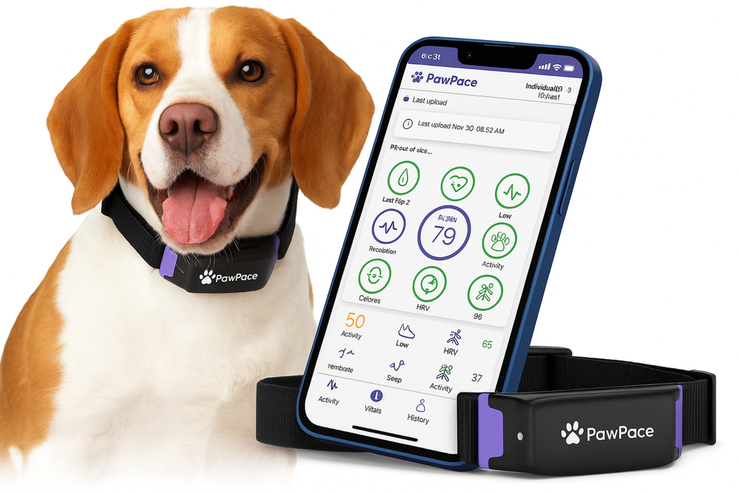 Dog wearing a PawPace collar with a smartphone displaying the app interface.